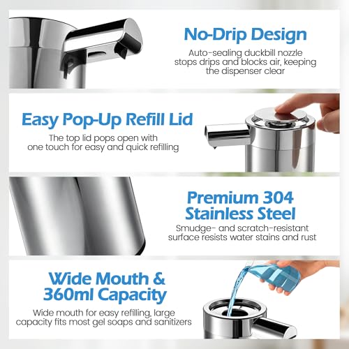 Automatic Soap Dispenser Touchless Soap Dispenser, 360 ML Rechargeable Sensor Pump with 304 Stainless Steel, 3-Level Adjustable, Water-Resistant for Kitchen Bathroom, Silver