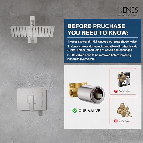 KENES Brushed Nickel 10-Inch Shower Head and Handle Set, Square Shower Faucet Set Bathroom Rainfall Shower System Wall Mount, KE-6024B (Shower Valve Included) - color: Brushed Nickel, style: Shower Faucet Set