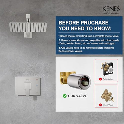 KENES Brushed Nickel 10-Inch Shower Head and Handle Set, Square Shower Faucet Set Bathroom Rainfall Shower System Wall Mount, KE-6024B (Shower Valve Included) - color: Brushed Nickel, style: Shower Faucet Set