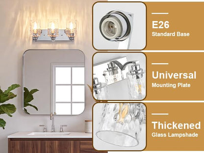 3-Light Bathroom Light Fixtures Modern Chrome Vanity Lights | Easy to Install Clear Hammered Glass Shades, Rippled Glow, Wall Mount Up or Down, E26 Socket, Hardwired, 120V - color: Chrome Hammer, size: 3 Lights