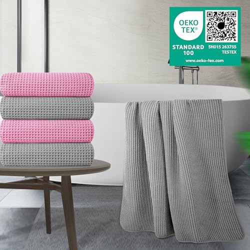 POLYTE 430 GSM Poly Blend Microfiber Quick Dry Waffle Bath Towel, 30x60 in | 4 Pack, Oversize, Lint Free, Body Towel - color: Gray,pink