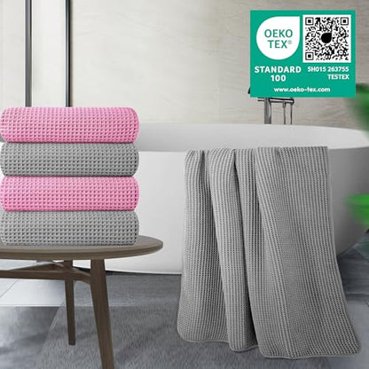 POLYTE 430 GSM Poly Blend Microfiber Quick Dry Waffle Bath Towel, 30x60 in | 4 Pack, Oversize, Lint Free, Body Towel - color: Gray,pink
