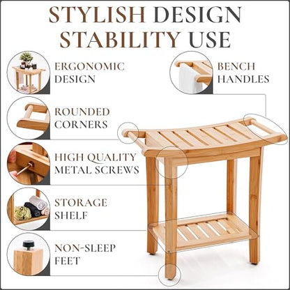 Teak shower bench with Storage Shelf, Shower Stool for Inside Shower, Waterproof Shower Bench Seat, Shower Chair for Inside Shower, Wood Bench, Bathroom Bench (Natural Wood) (Bamboo Wood) - color: Bamboo Wood