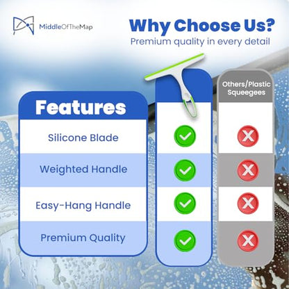 Middleofthemap Shower Squeegee - Flexible Silicone Blade, Lightweight Plastic Handle, Easy Hanging Hook, Attractive Colors, Perfect for Glass Doors, Windows, Tiles, and Mirrors 9.5" (1)
