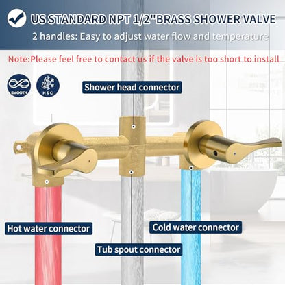 2 Handle Shower Faucet Set with Tub Spout Bathtub Shower Faucet Combo Set Shower System Complete Tub and Shower Trim Kit Brushed Gold Wall Mounted Shower Fixtures - color: Brushed Gold
