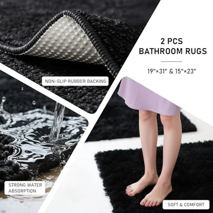 XLHOMO Bathroom Sets with Shower Curtain and Rugs Black Bathroom Accessories Bathroom Set,Soap Dispenser & Toilet Brush Holder Set with Stainless Steel Trash Can - size: Black, style: Bath Set+Shower Curtain+Bath Rugs
