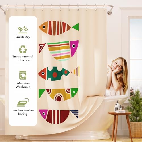 AmazerBath Fish Shower Curtain, Geometric Shaped Fish Bathroom Shower Curtain with 12 Shower Curtain Hooks, Rustic Fabric Shower Curtain Set, 72x72 Inches - color: B- Geometric Shaped Fish+12 Metal Hooks, size: 72"W x 72"L (Pack of 1)