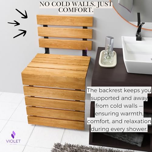 Folding Wall Mounted Teak Wood Shower Seat with Backrest, Water Resistant Foldable Bathroom Stool with Legs, Premium Materials Handmade Shoe Changing Bench, Space Saving and Super Safe Chair (Natural) - color: Natural