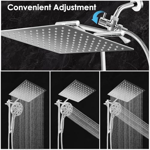 10" Metal Rainfall Shower Head with Handheld Combo, High Pressure Shower heads with 10 Spray Modes, Adjustable Extension Arm,71 Inches Hose and Integrated holder for Easy Fixing,Chrome