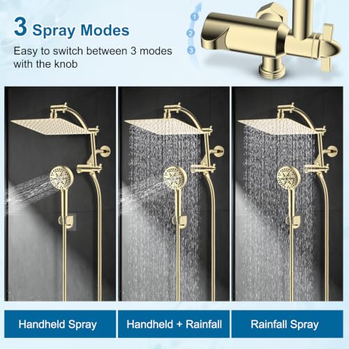 Hibbent Metal 10" High Pressure Rain Shower Head Combo, Polished Brass | cUPC Certified Rainfall Shower Head with handheld 10 Sprays, 16'' Adjustable Extension Arm, 71'' Hose, Showerhead Holder - color: Polished Brass, style: Square 10''