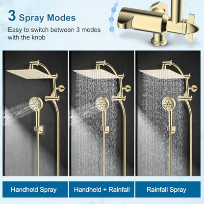 Hibbent Metal 10" High Pressure Rain Shower Head Combo, Polished Brass | cUPC Certified Rainfall Shower Head with handheld 10 Sprays, 16'' Adjustable Extension Arm, 71'' Hose, Showerhead Holder - color: Polished Brass, style: Square 10''