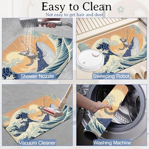 Funny Cat Riding Shark Bath Mat, Japanese Ocean Waves Bathroom Rugs, Absorbent Bath Rug Floor Rug Carpet for Bathroom Bathtub Bedroom Living Room, 17 x 29.5 Inches - color: Funny Cat Riding Shark