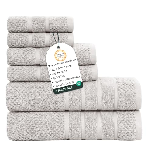 Feather & Stitch 100% Cotton 625 GSM Bath Towel Set of 6, Ultra Soft Highly Absorbent 2 Bath Towels, 2 Hand Towels & 2 Washcloth - Luxury Quick Dry Shower Towels (Silver) - color: Silver