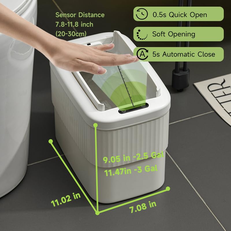 Sensor Bathroom Trash Can 2.5 Gallon,Kitchen,Office,RV,White | hanging,butterfly lid, narrow space,ABS Superior Quality,Touchless Automatic Trash Bin,Motion Sensor Garbage Can