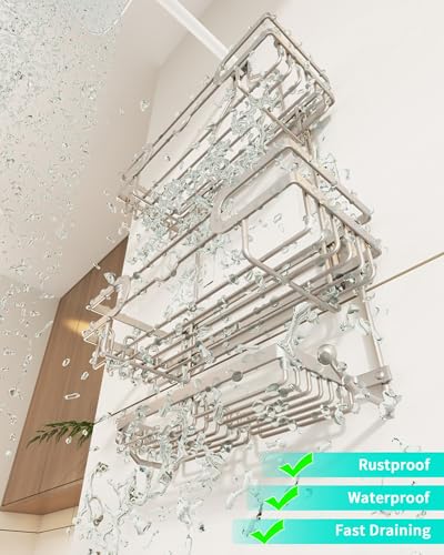 HapiRm Bathroom Hanging Shower Caddy - Rustproof Shower Shelf with 12 Hooks and 2 Soap Holders, No Drilling Bathroom Organizers and Storage - Brushed Nickel - color: Brushed Nickel(Large)