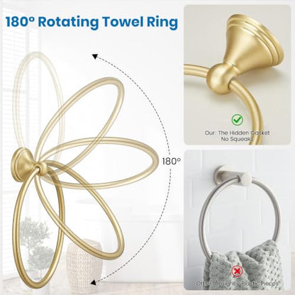 4-Piece Bathroom Hardware Accessories Kit, Zynuhmo Brushed Gold Towel Bar Set Wall Mounted with 20'' Towel Bar, Towel Ring & Toilet Paper Holder, Robe Hook Set Fixtures for Modern Farmhouse Bathroom - color: Brushed Gold