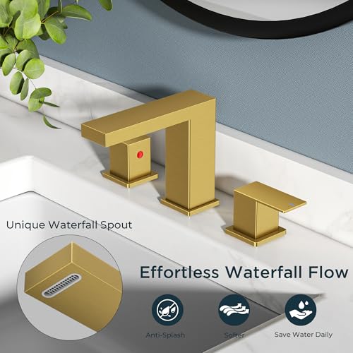FORIOUS 8" Brushed Gold Bathroom Faucet 3 Hole, Gold Vanity Faucet 3 Holes | CUPC 8 Inch Waterfall Bathroom Faucet Gold,3 Hole Bathroom Sink Faucet Widespread Set for Restroom, Lavatory, Hospitality - color: Brushed Gold, style: Transitional