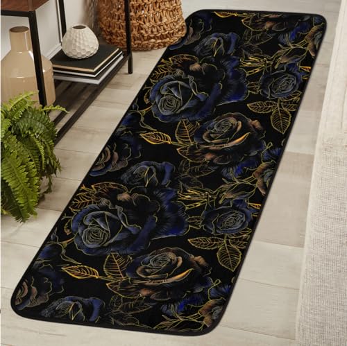 Black Rose Flowers 2' X 6' Washable Soft Comfort Carpet Runner Non-Slip Absorbent Area Rugs for Indoor Hallway Kitchen Laundry Bathroom Entryway Bedroom Runner Mat - color: Print 15
