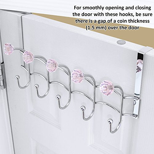 Over the Door Hooks Rack Pink Acrylic Hanger | Decorative, Girls Room, Stainless Steel Organizer, Purse Door Hanger Towel Rack (10 Hooks)
