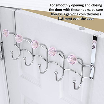 Over the Door Hooks Rack Pink Acrylic Hanger | Decorative, Girls Room, Stainless Steel Organizer, Purse Door Hanger Towel Rack (10 Hooks)