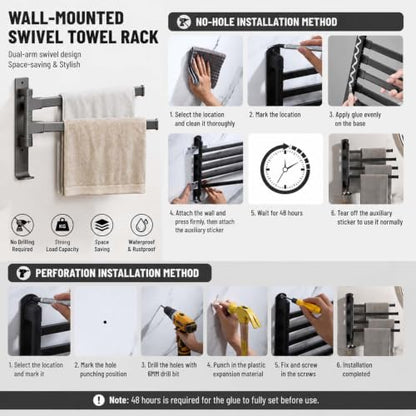 2-5 Arms Swivel Towel Rack Bath Towel Holder with Hook Swing Arm Towel Rack Wall Mount for Bathroom Kitchen-Grey 2Arm - color: Grey, size: 2-arm