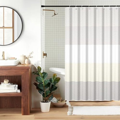 Boho Beige Brown Striped Stall RV Shower Curtain 48" Wx72 L | White Gray Bohemian Geometric, Polyester Waterproof, Machine Washable, Bathroom Small Curtain, Easy to Install with 8 Hooks - color: Beige, size: 48"W x 72"L (Pack of 1)