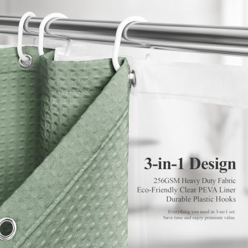 3 in 1 Waffle Shower Curtain Set with PEVA Liner 72x72 Sage Green | 256GSM Heavy Duty Fabric, Waterproof Clear Liner, Hotel Luxury Weighted Cloth Shower Curtains for Bathroom, 12 Plastic Hooks - color: A Sage Green, size: 72"W x 72"L (Pack of 1)