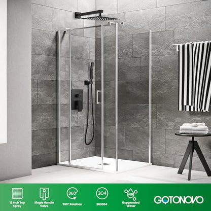gotonovo Rainfall Bathroom Shower System Rain Shower Head and Handle Set Wall Mounted Shower Complete Combo Solid Brass Pressure Balancing Shower Mixer Valve 12 Inch Matte Black - color: Matte Black, size: 12 Inch