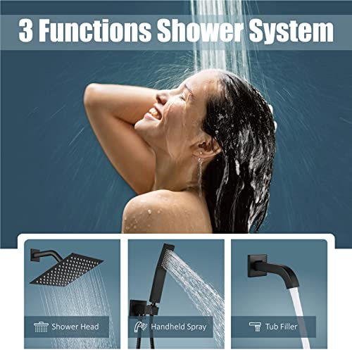 Aolemi Shower Faucet Set with Tub Filler Handheld 8" Head Matte Black | Shower Valve and Trim Kit,Handheld Spray,Tub Spout,Single Handle,SUS304,Bathroom Mixer for Remodeling - color: Black, size: 8 Inch Shower Head