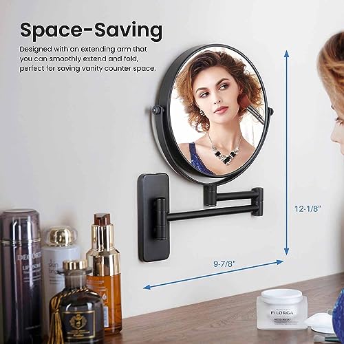 Circular Wall Mount Makeup Mirror, Dual-Sided 1x/5x Magnifying Mirror with Extendable Arm, 360° Swivel, Solid Brass Construction for Durability and Style (Matte Black - KMM100) - color: Matte Black