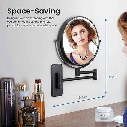Circular Wall Mount Makeup Mirror, Dual-Sided 1x/5x Magnifying Mirror with Extendable Arm, 360° Swivel, Solid Brass Construction for Durability and Style (Matte Black - KMM100) - color: Matte Black