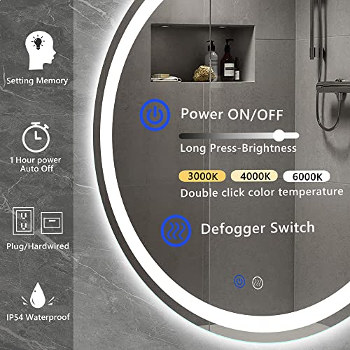 TATU 24 Inch LED Round Lighted Mirror, Bathroom Backlit Vanity Mirror Wall Mounted with 3000K/4000K/6000K Adjustable, Anti-Fog, Smart Touch Button, Stepless Dimmable Lighted Makeup Mirror - size: 24"L x 24"W