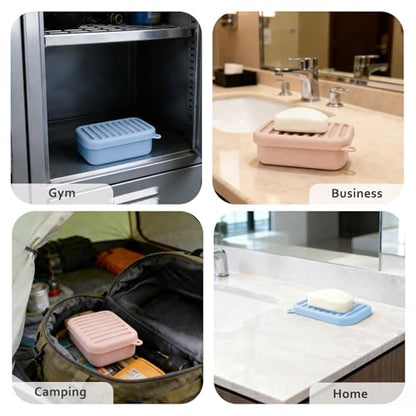 Silicone Travel Soap Case with Lid & Drain Tray, Leakproof，for Travel | Food-grade silicone, Leakproof seal, Built-in hook, Removable drain pad doubles as soap holder, For gym, travel, camping - color: Pinkblue