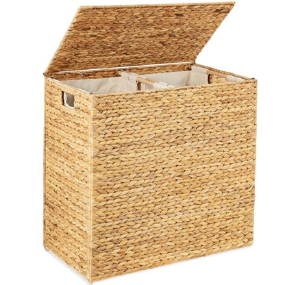 Best Choice Products Large Double Laundry Hamper with Lid, Natural Handwoven Water Hyacinth, 2 Sections w/ 2 Machine Washable Linen Liner Bags, Portable, Handles - Natural - color: Natural