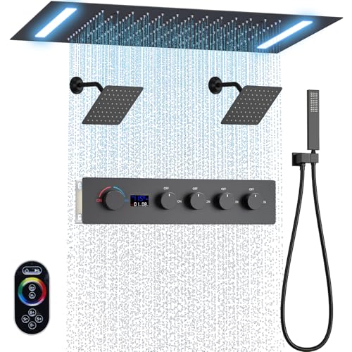Shower Faucet Set Ceiling 20x14 inch LED Shower Head, Temperature Display Thermostatic Shower Valve, and Two 8-inch Wall Mounted Shower Heads Handheld Combination (Matte Black) - color: Matte Black
