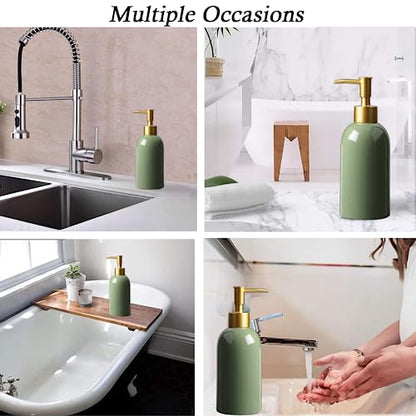2Pack Ceramic Soap Dispenser Green with Gold Pump,Modern Design Cylindrical Lotion Dispenser Bottle,Refillable Liquid Hand Soap Dispenser for Kitchen,Bathroom,Washroom - color: 2pcs Green