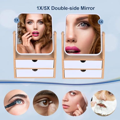 1x/5x Rectangle Magnifying Makeup Mirror, Jewelry and Cosmetics Storage Box | The Desktop Makeup Mirror Features Two Storage Compartments,360°Rotating Mirror Surface, and a Natural Bamboo Base