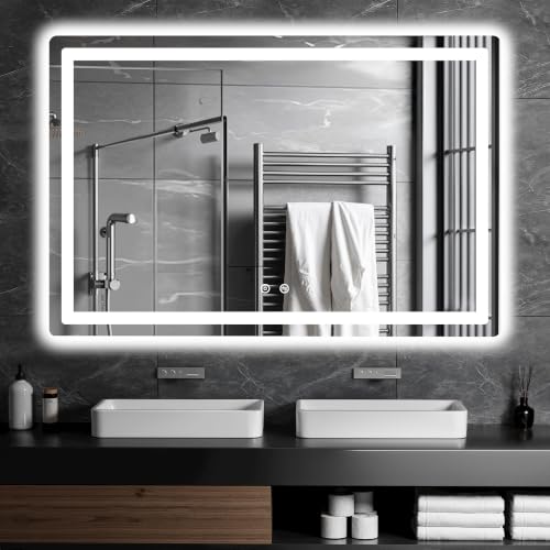 TRAHOME LED Bathroom Vanity Mirror with Lights, 30"x45" Lighted Wall Mirror | Front and Backlit, Anti Fog, Dimmable 3 Color Lighting, Memory Function, Shatterproof Glass, Plug in or Hardwired - color: Unframed, size: 30"L x 45"W