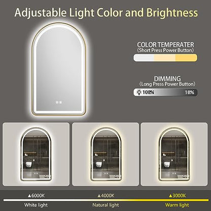 Arched Bathroom Mirror 30"x40", Gold, LED Tempered Glass | arch led bathroom mirror wall mounted vanity lighted tempered glass dimmable anti fog metal frame