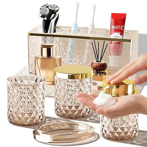 Glass Bathroom Accessories Set 5Pcs Crystal - Brown Foaming Soap Dispenser, Soap Dish, Cup, Acrylic Toothbrush Holder with Tray Organizer, Cotton Swab Jar, Bathroom Counter Set Sink Decor - color: Brown