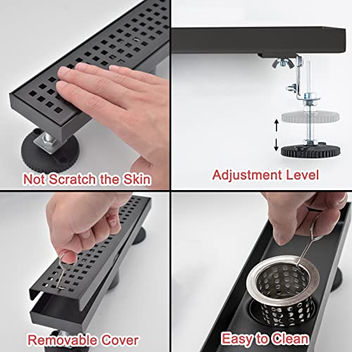 12 Inch Linear Shower Drain with Accessories, Rectangular Floor Drain 304 Stainless Steel Quadrato Pattern Removable Cover Matte Black - size: 12 Inch