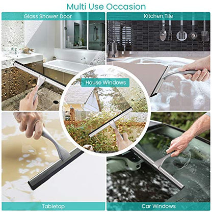 Shower Squeegee for Shower Doors, All Purpose Shower Window Squeegee for Shower Glass Door, Mirror and Car, Bathroom Squeegee for Shower with Hook, Stainless Steel (Silver, 10 in)