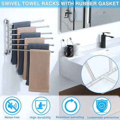 Alise Swivel Towel Rack 13.9", 6 Arm Swing Out Towel Bar, Brushed Nickel | Space Saving Swing Arm Towel Rack for Bathroom Kitchen, 180° Rotating, SUS304 Stainless Steel - color: Brushed Nickel, size: 6-Bars
