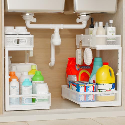 Under Sink Organizer 1 Pack, 2-Tier Slide Out Cabinet Organizer with Metal Sliding Drawer and Hooks, Pull Out Storage Baskets for Kitchen Bathroom Pantry Cabinet Organization (White (1 pack)) - color: White (1 pack)