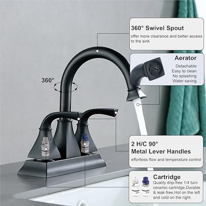 Centerset Bathroom Faucet, 4 Inch Two Handle Matte Black Lavatory Bathroom Sink Faucet with Push up Pop-up Drain,F-4015-MT (Pack of 2) - color: Matte Black, size: Standard (Pack of 2)