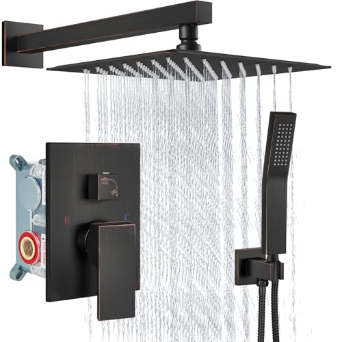 Aolemi Shower Faucet Set with Handheld Oil Rubbed Bronze 12 Inch Head | Pressure Balance Shower Valve and Trim Kit,SUS304 Rain Head and Handle System,All Metal,Wall Mount,Bathroom,Handheld Spray - color: Bronze, size: 12 Inch Wall Mount Shower Head