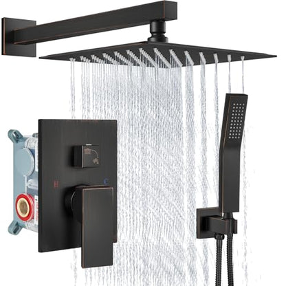 Aolemi Shower Faucet Set with Handheld Oil Rubbed Bronze 12 Inch Head | Pressure Balance Shower Valve and Trim Kit,SUS304 Rain Head and Handle System,All Metal,Wall Mount,Bathroom,Handheld Spray - color: Bronze, size: 12 Inch Wall Mount Shower Head