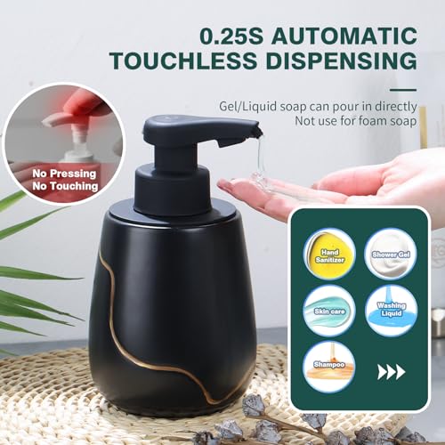 BosilunLife Rechargeable Auto Touchless Liquid Soap Dispenser 17oz Ceramic | With Elegant Golden Curved Line.With Waterproof Pump,Touch-Free Sensing.17oz Dish Soap For Kitchen And Bathroom，Black - color: Black, style: Liquid Pump