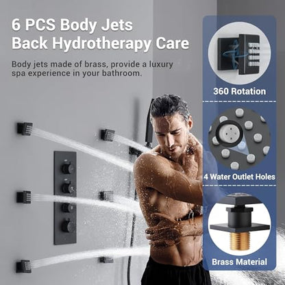 Thermostatic Shower System with 6 Body Jets & 16-Inch Ceiling Rainfall Shower Head Bathroom Luxury Matte Black Shower Faucet Set with High Pressure Handheld Sprayer, with Valve and Trim - color: Matte Black