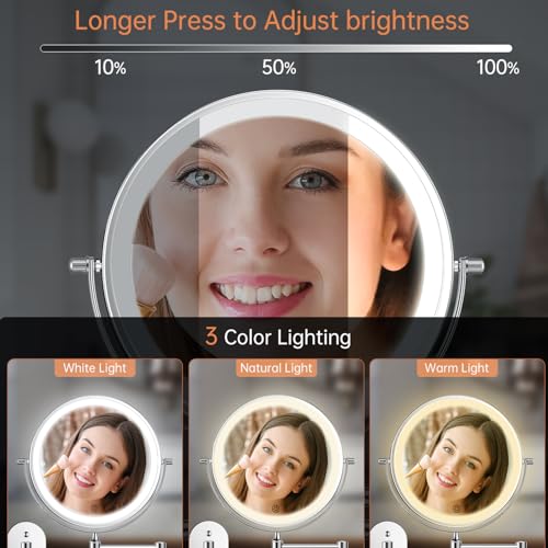 FUNTOUCH 5000mAh Rechargeable Wall Mounted Lighted Makeup Mirror 1X30X | Double Sided 1X 30X Magnifying, 3 Color Lighting, Touch Screen Dimming, Extended Arm 360 Rotation Shaving Bathroom Mirror - color: Silver